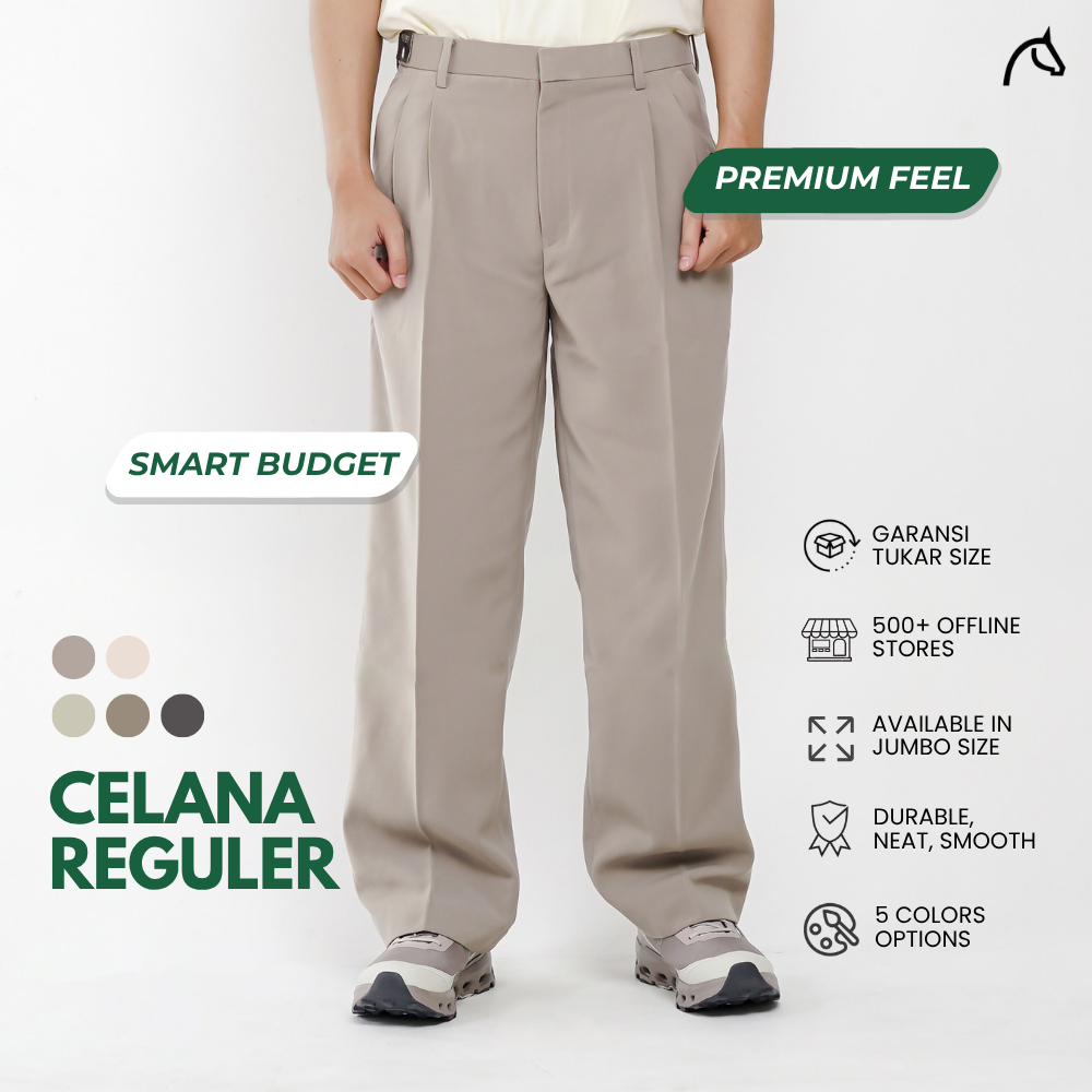 HIJAU MUSTEVANS Regular Fit 101 - Ploy / Pleated Official Office Work Pants Cream Brown Green