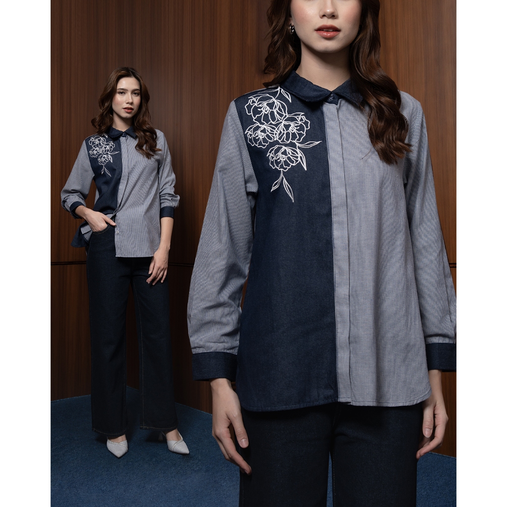 เสื้อเชิ้ต KEMEJA Mayoutfit Jayleen | เสื้อยีนส์ผู้หญิง Combi Stripe