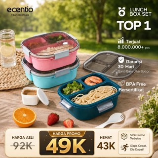 [Versi 2.0] ecentio Kotak Makan 3 Sekat 1100ML Lunch Box Anti Bocor Anti Tumpah BPA Free Tempat Bekal Makan Lengkap Kotak Sup 100ML Gratis Sendok Wadah Makanan untuk Kerja Sekolah Piknik