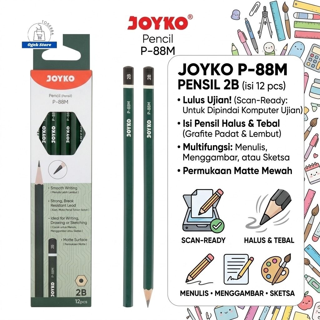 HIJAU (1 แพ็ค 12 ชิ้น) JOYKO 2B P-88M PENCIL / JOYKO GREEN PENCIL / 2B GREEN PENCIL SCHOOL STATIONER