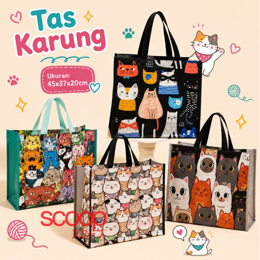 HIJAU Scoop Shopping Bag / Eco Bag Cat Black Green Pink Cat Kitty Sack Bag 72270200