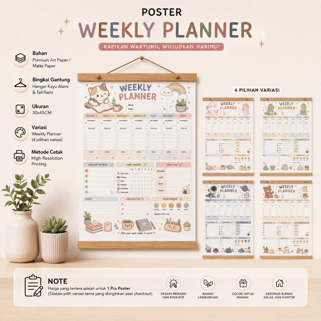 Aesthetic Weekly Planner โปสเตอร์ไม้แขวนไม้ / Weekly Schedule Board 30x45