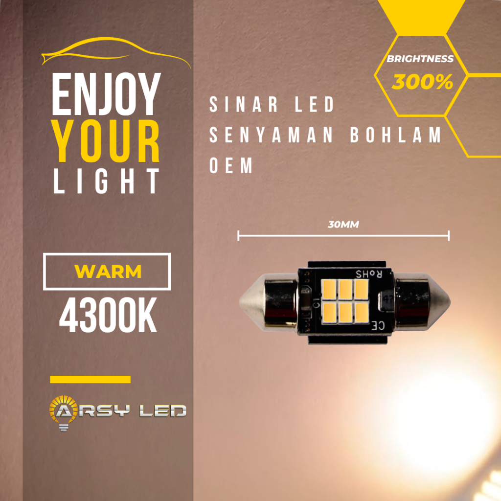 ARSYLED LED festoon warm white 30mm 31mm 4300k 4000k Canbus เพดานอ่านหลอดไฟสี