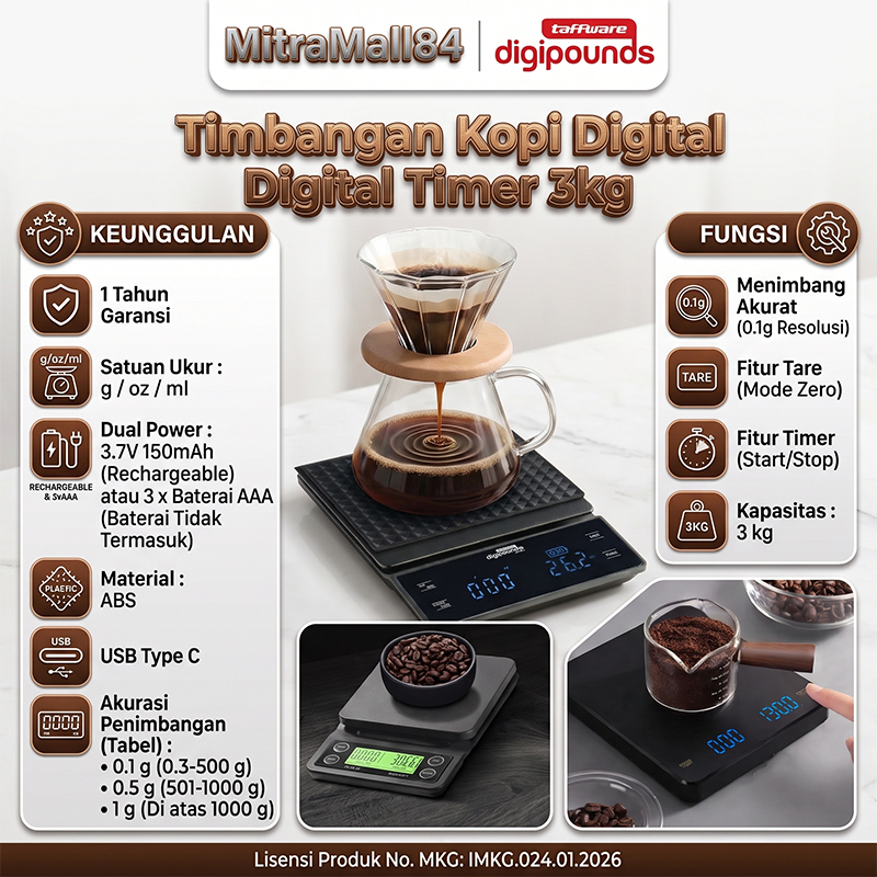 Timbangan Kopi Digital Timer Coffee Scale 5kg/0.1g   - Black