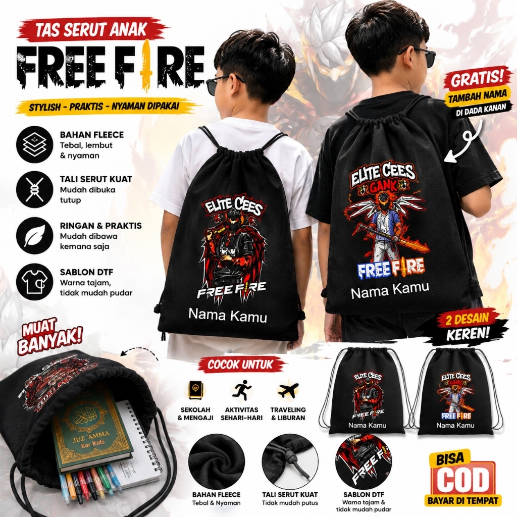 ฟรี Fireee Freefire กระเป๋าหูรูดเด็กชื่อที่กําหนดเอง - กระเป๋า ff ที่ใช้งานได้จริงสําหรับการเดินทาง 