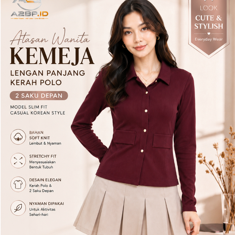 KEMEJA A2BP MR012 เสื้อเชิ้ตคอปกโปโลแขนยาวผู้หญิง 2 กระเป๋า Slim Fit Casual สไตล์เกาหลี