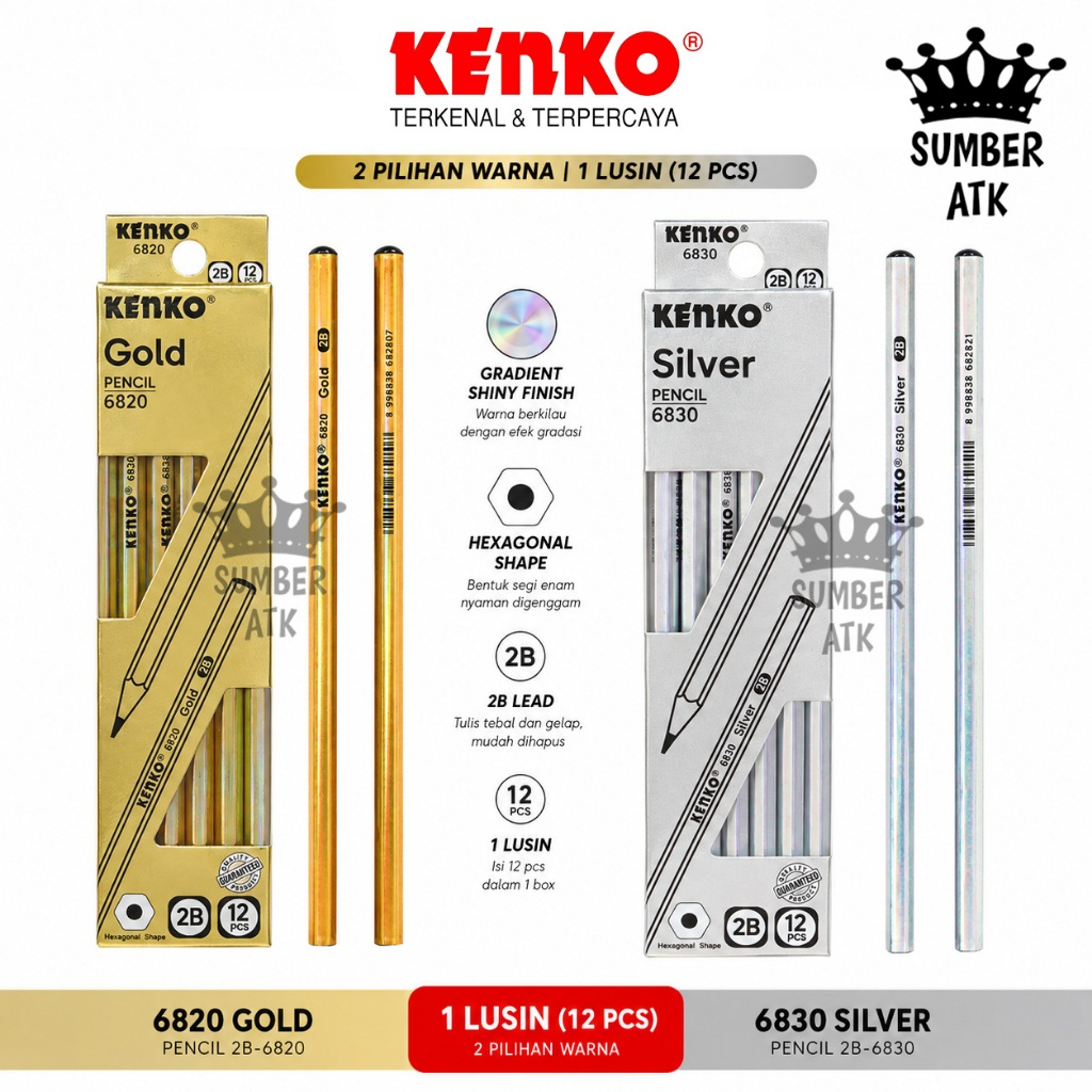 KENKO 2B-6820 Gold 2B-6830 Silver 2B Pencil 1 กล่อง 12 ชิ้น