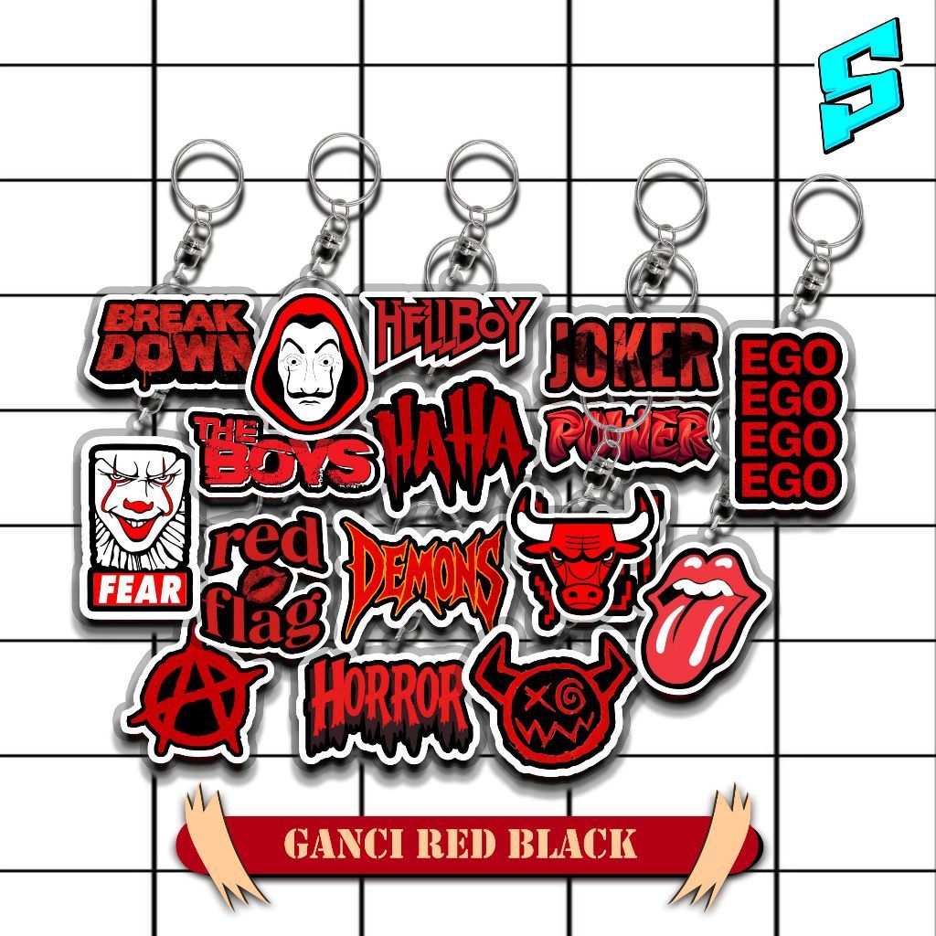 RED BLACK ใหม่ล่าสุดพวงกุญแจ VIRAL RED BLACK KEYCHAIN EGO RED FLAG HORROR ROLLING STONE HAHA HELLBOY