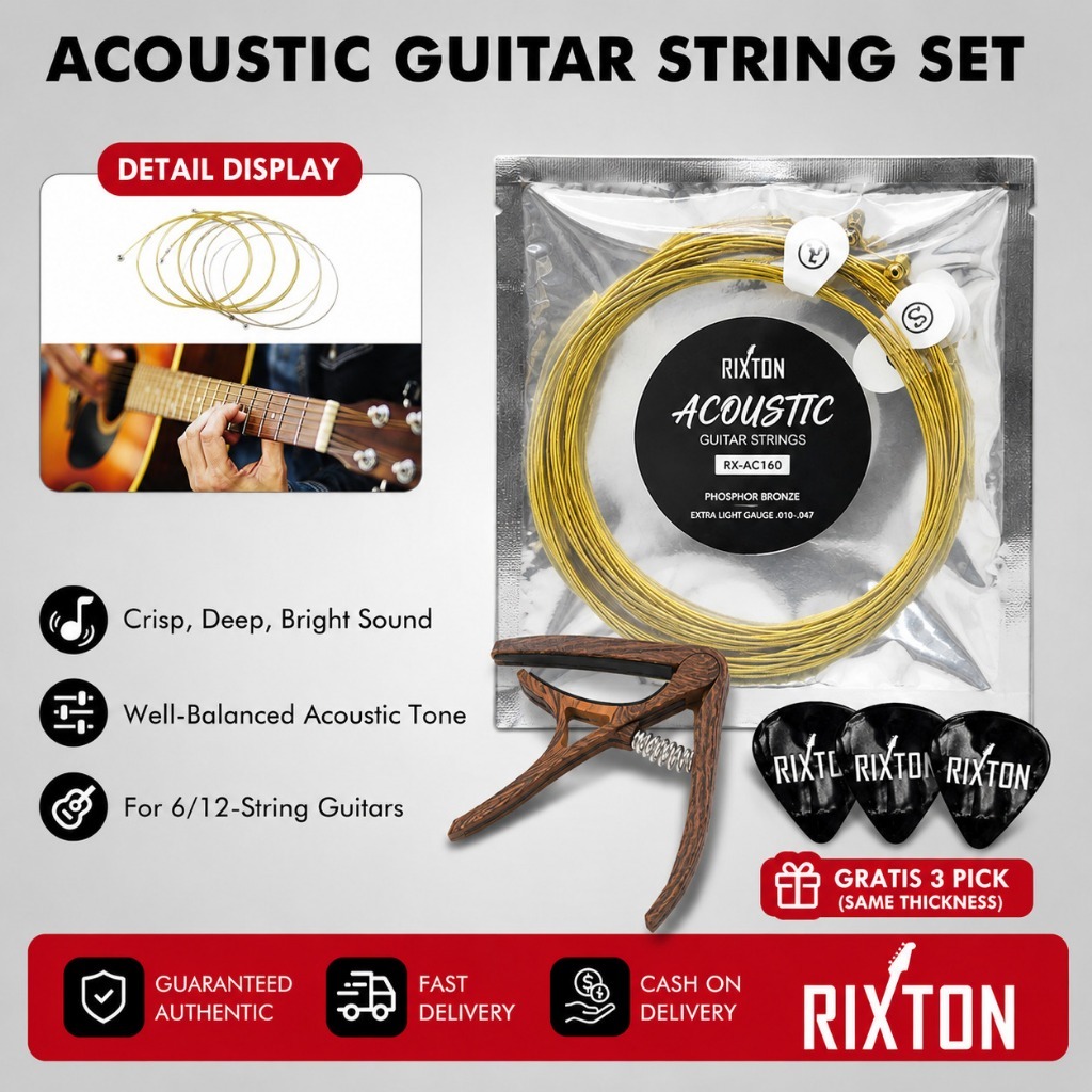 RIXTON Phosphor Bronze Extra Light สายกีตาร์โปร่ง 0.010-0.047 กีตาร์ชุด Capo Pick สําหรับ 6/12 กีตาร