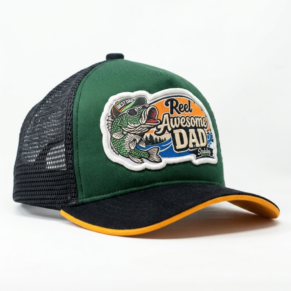 IGULS - Mens Heat-Resistant Fishing Net Trucker Hat Cap with Fish Reel Patch Awesome Dad