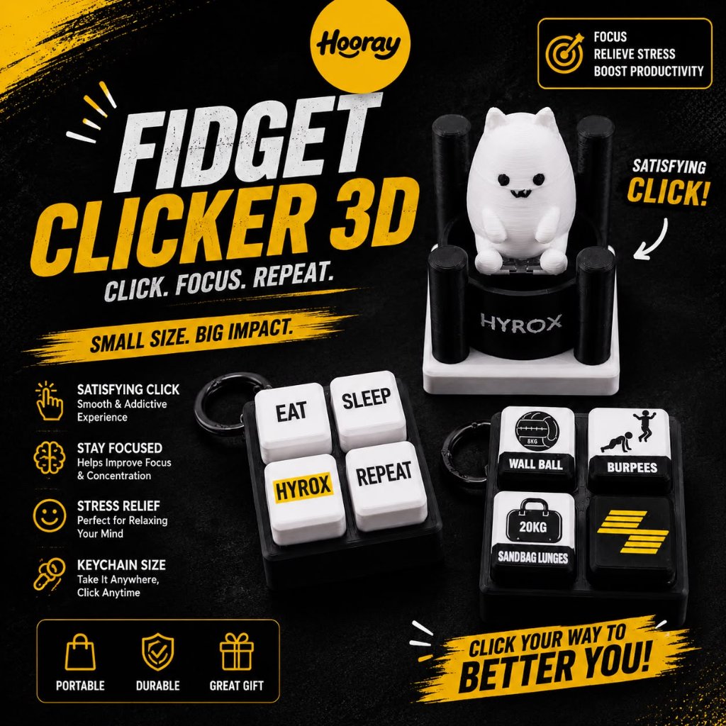 GANTUNGAN Hooray Hyrox Clicker Fidget พวงกุญแจ Hyrox คีย์บอร์ดแบบกลไก 3D