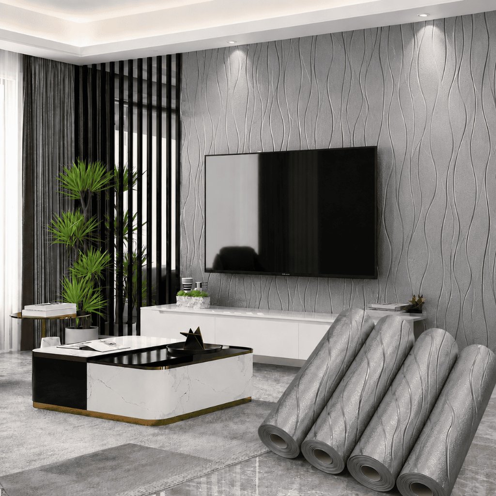 3D วอลล์เปเปอร์สติกเกอร์สีเทา Thread Motif 2.8 m x 60 cm หนา XPE วัสดุโลหะ Marble Room Pvc สติกเกอร์