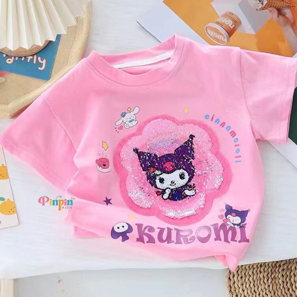 KATUN Pinpin Kids - เสื้อยืดผ้าฝ้ายแขนสั้น Kuromi สําหรับเด็กผู้หญิงพร้อมเลื่อมเปลี่ยนสีฤดูร้อน