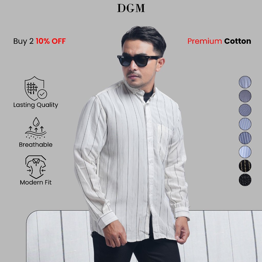 KEMEJA DGM Mens Premium Long Sleeve Striped Shirt Mens Striped Shirt Slimfit Mens Striped Shirt Whit