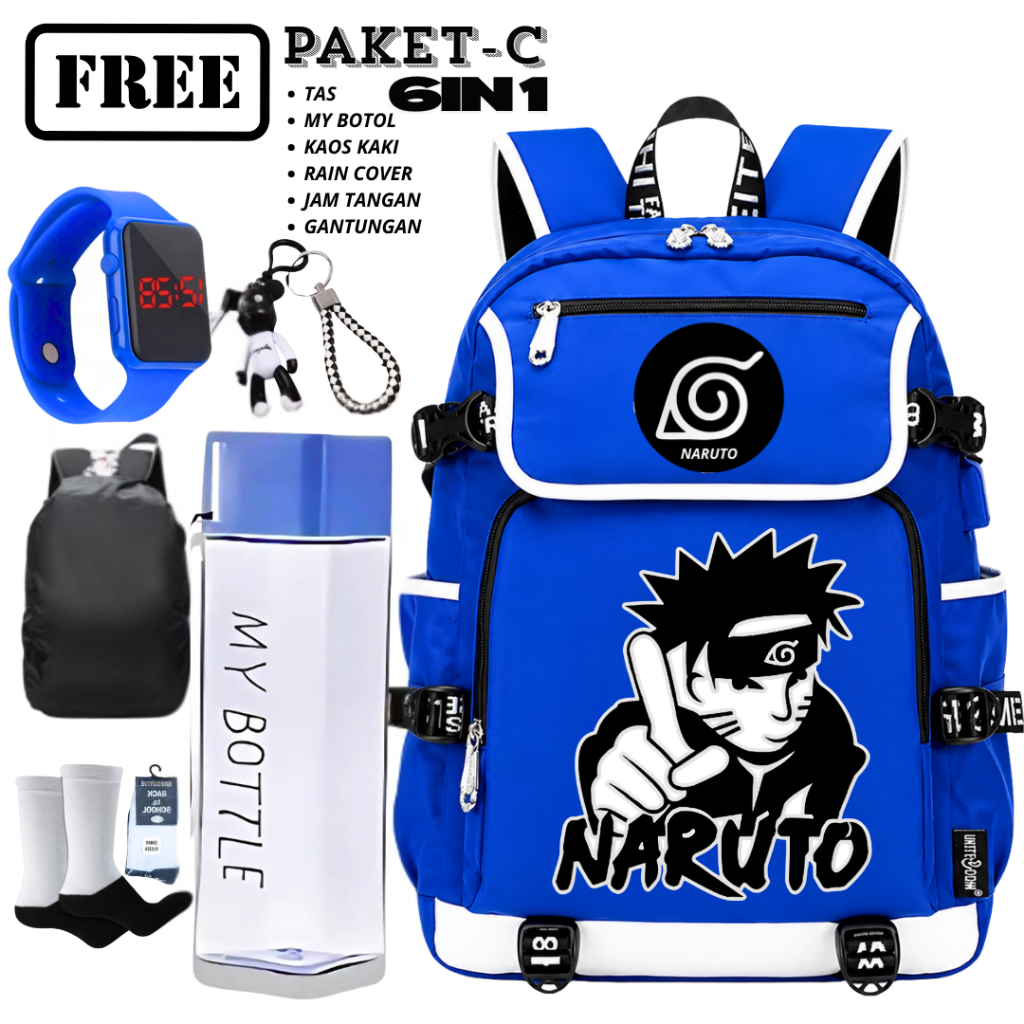 NARUTO UZUMAKI 6in1 Backpack Set Blue Cool Stylish Backpack สําหรับกิจกรรมประจําวัน