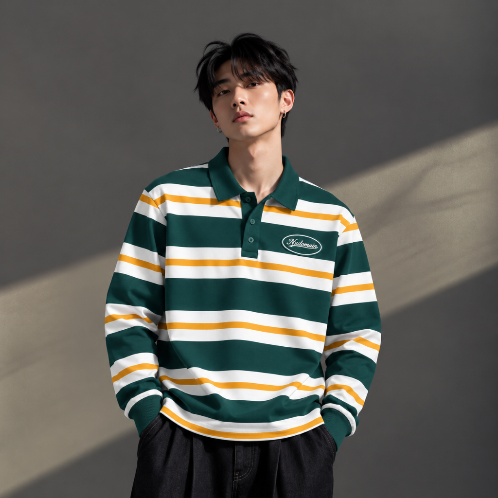 Nxdomain Longsleeve Polo Stripe Shirt เย็บปักถักร้อยสีเขียวกรมท่าสีขาวเสื้อยืดแขนยาวผู้ชายลาย