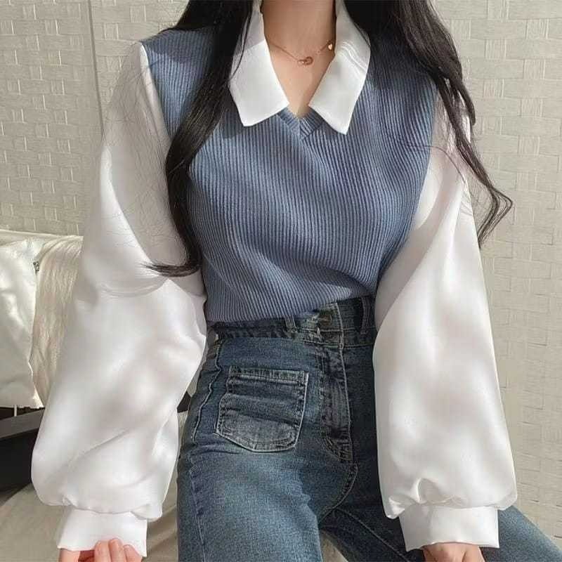 DOLLAR FASHION - ZER TOP AVA BLOUSE รุ่น 2in1 Faux ชุดผสมสองชั้นสําหรับทํางาน สํานักงาน วิทยาลัย หาง