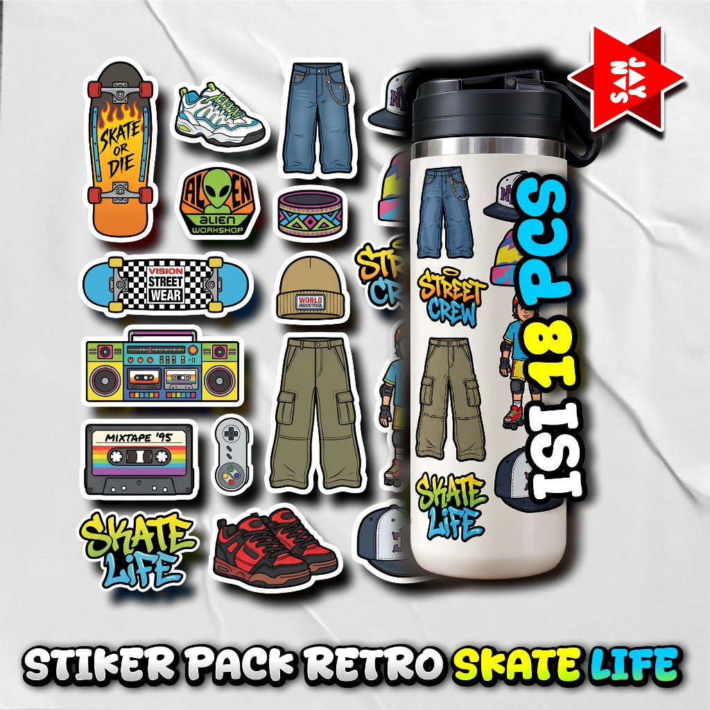 P61 ใหม่ล่าสุด COOL RETRO SKATE LIFE STICKER PACK RETRO SKATE LIFE STICKER KIDS SKATE STREAT CREW RA