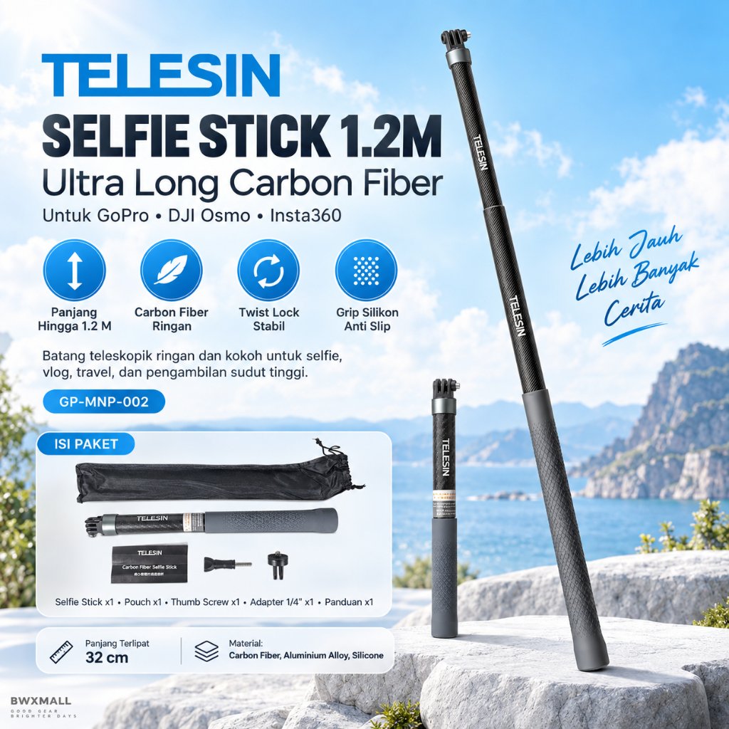TELESIN Tongsis Insta360 GoPro DJI Osmo GP-MNP-002 Selfie Stick คาร์บอนไฟเบอร์ 1.2M Monopod Action ก