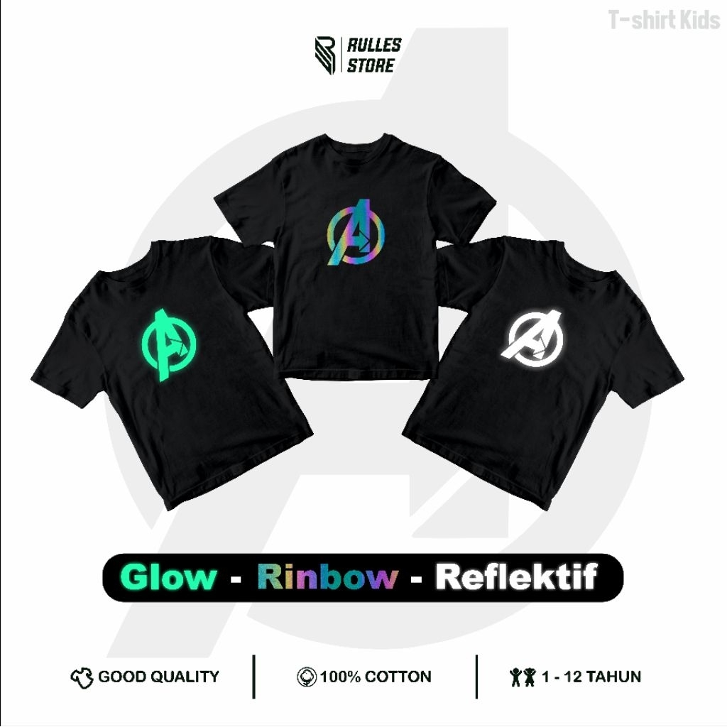 KATUN Avengers Glow in the dark Rainbow เสื้อยืดสะท้อนแสงสําหรับเด็กชายและเด็กหญิงพร้อมผ้าฝ้ายหวี 30