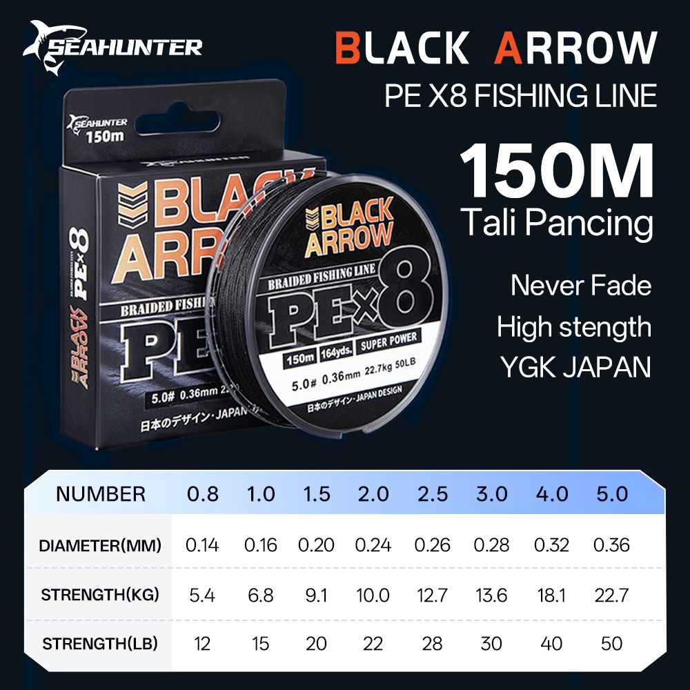 [OFFICIAL]SEASIR x SEAHUNTER Black Arrow 150M PE X8 Fishing Line, Maximum Lasts 22Kg, PE Multifilame