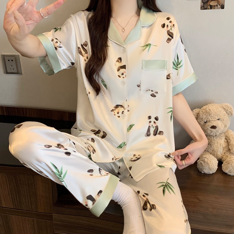 HIJAU [Lavarda Store] VZ118- CP ชุดนอนผ้าซาตินเสื้อแขนสั้นกางเกงขายาวสีขาว Panda Les Green Premium P