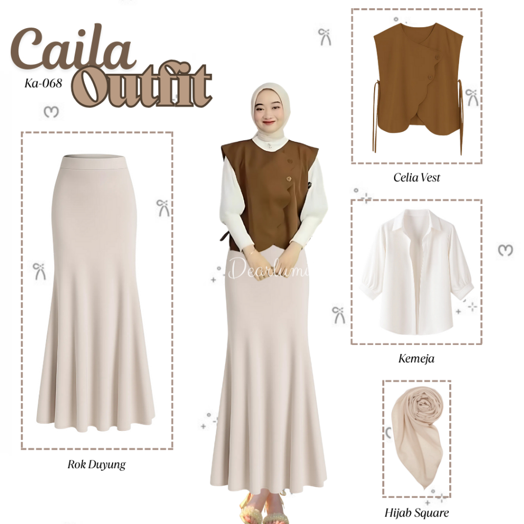 KEMEJA Dearlumi - Caila 4in1 Set Vest Skirt Hijab สไตล์เกาหลีอินเทรนด์ (Celia Vest + เสื้อ + Hijab B