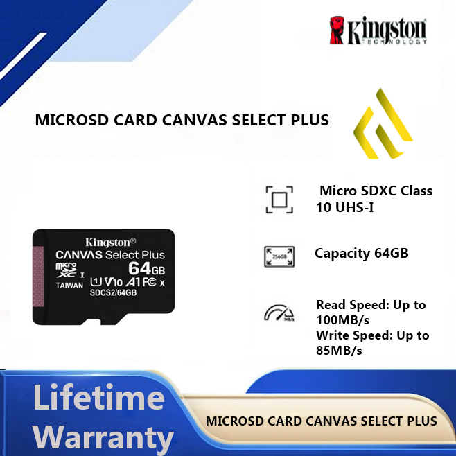 การ์ด MicroSD ของ Kingston Canvas Select Plus 64GB 100MB/s A1 MicroSDHC