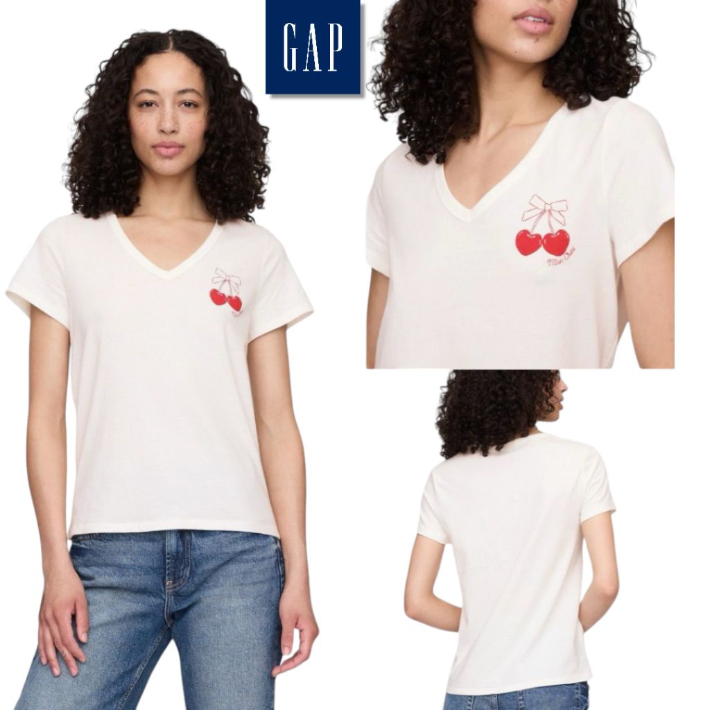 เสื้อยืดผู้หญิงคอวี Cherry Motif – GAP