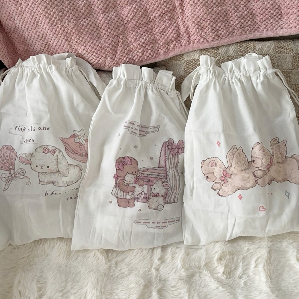 Mocorie - Ishani Coquette Drawstring Bag / Coquette Ribbon Totebag / Pink Ribbon Drawstring Totebag 