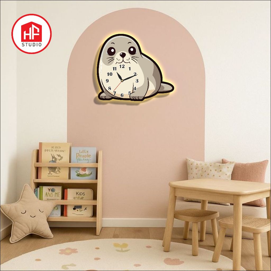 HF STUDIO | NEW50 Aesthetic MDF Minimalist Animal Character Wall Clock สําหรับห้องเด็ก