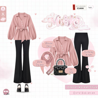 Oneset Korean Style Remaja ( Tas Jelly Hitam + Hijab Bella Square + Blouse Oary Sage + Celana Cutbray Hitam ) Outfit Wanita Kekinian/ One Set Outfit Remaja 3in1 Bukber/ Setelan Remaja Lebaran Wanita - ML108