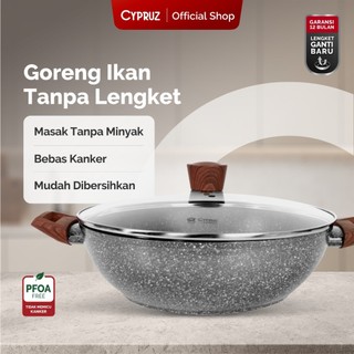 Cypruz Wajan Kuali Anti Lengket Grey Marble Wok Pan Dengan Tutup 26 cm