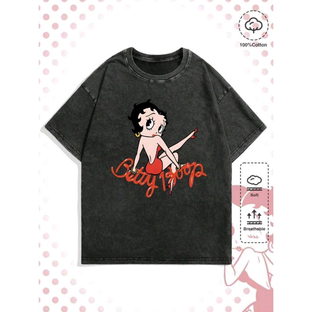 ROMWE MEN Betty Boop | ROMWE เสื้อยืดแขนสั้นพิมพ์ลายการ์ตูนและตัวอักษรสําหรับผู้ชายลําลองโรงเรียน