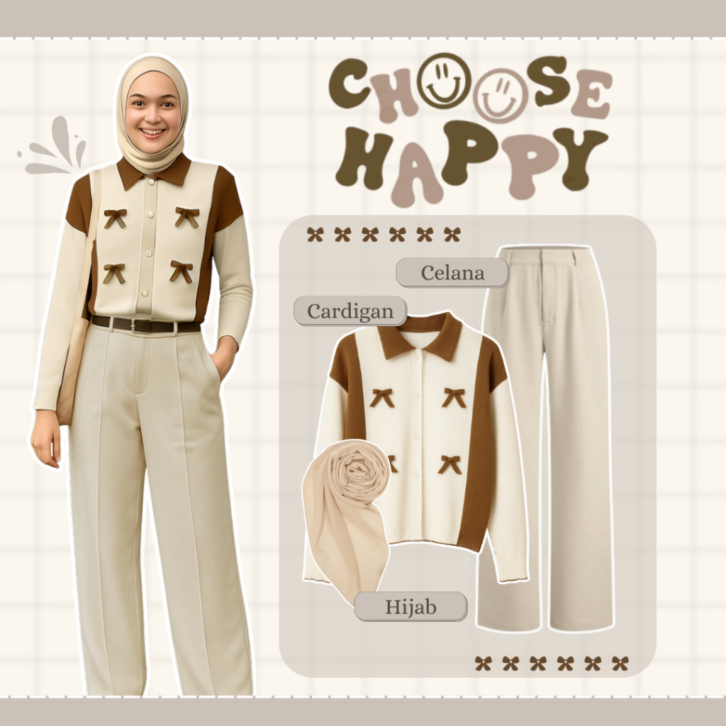 ชุดสไตล์เกาหลี 3IN1 (YUAN CARDIGAN RIBBON | กางเกง JENNIE KNIT | HIJAB BELLA SQUARE) Simple Daily Ou