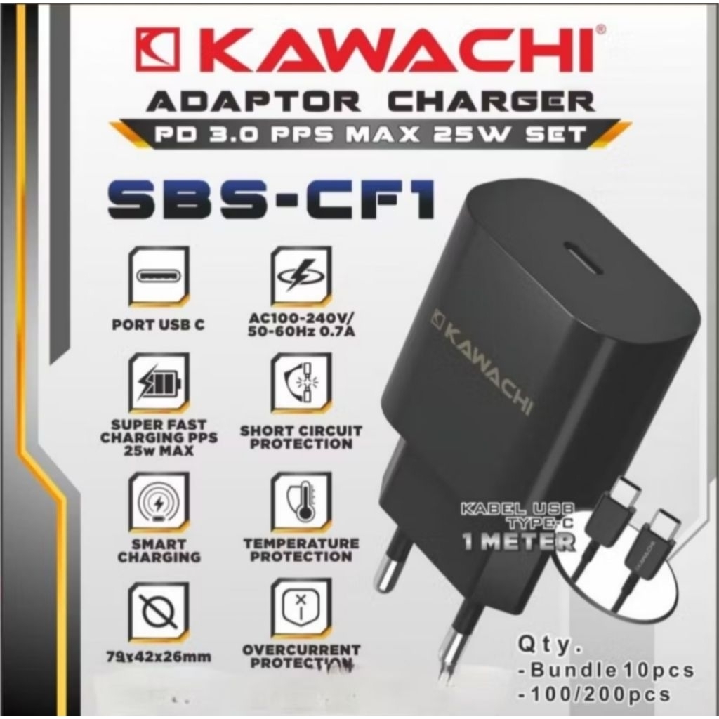 Kawachi PD 3.0 PPS 25Watt SBS-CF1 ชุดอะแดปเตอร์ชาร์จฟรีสาย USB Type C