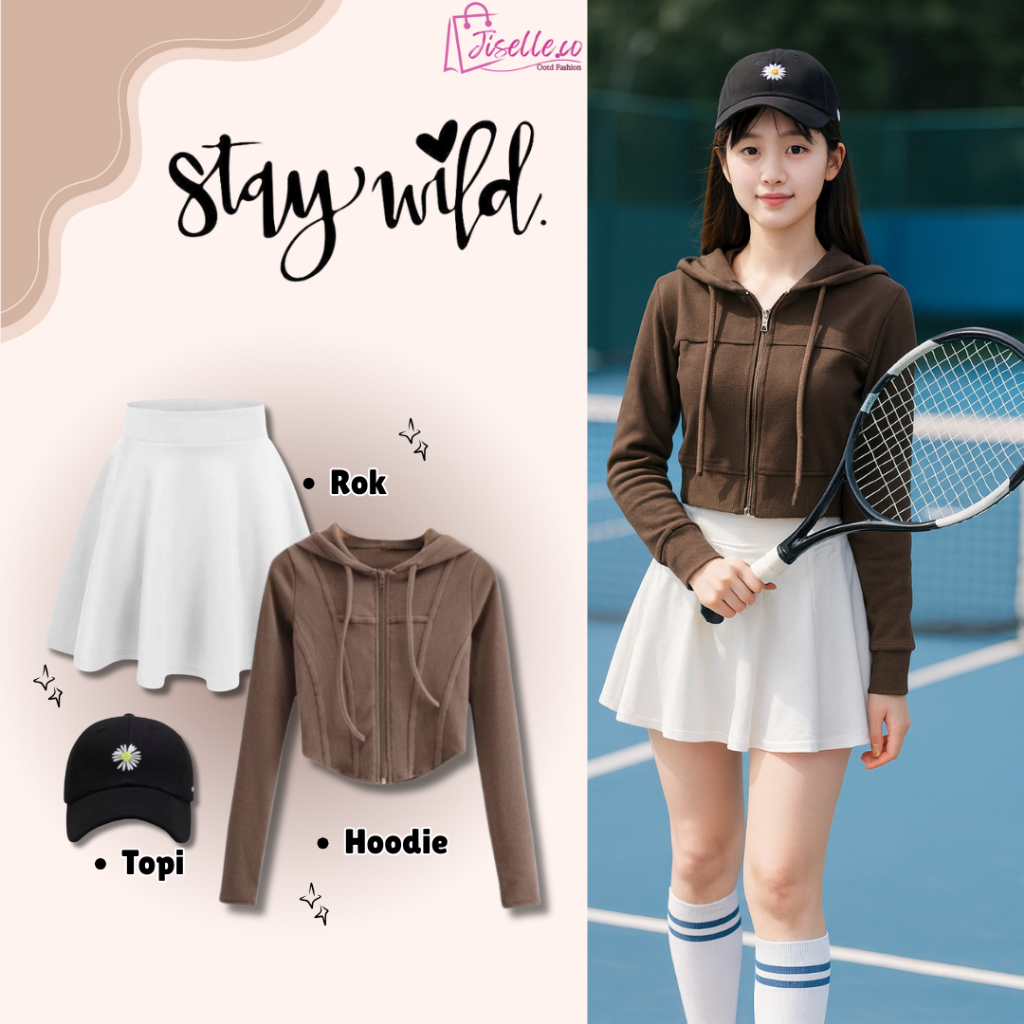 3in1 Padel/Run/Jogging/Badminton/Golf/Dll ชุดสปอร์ตผู้หญิง [Hoodie + กระโปรงมินิ + หมวก] ลุคเกาหลี ส