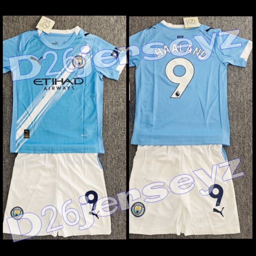 เจอร์ซีย์แมน. CityY_ Home KIDS 2025 / 2026 ชุดเสื้อฟุตบอลเด็ก + HAALAND 9 Nameset + หมายเลขกางเกง