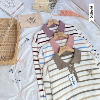 Viona Polo Sweater Knit - Rajut Atasan Wanita - Kancing Strip Pita