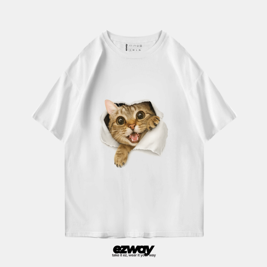 เสื้อยืด Ezway Oversize Peek Cat | เสื้อยืดโอเวอร์ไซส์ครอปเด็ก Unisex