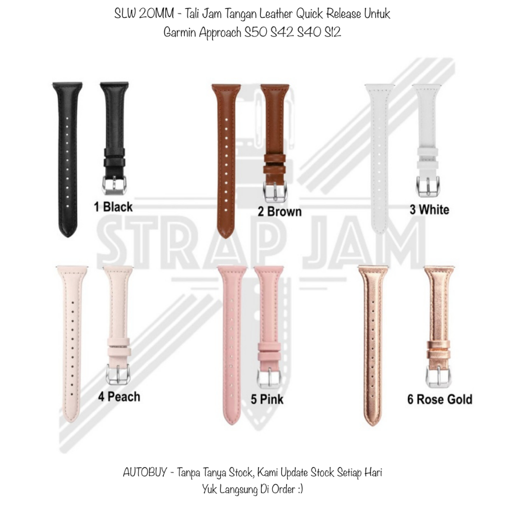 SLW 20mm Strap Garmin Approach S50 S42 S40 S12 - Womens Leather Slim Ladies Watch Strap