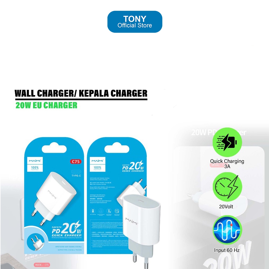 MAIMI C75 Smart Charger Pd 20 W Qc3.0 สีขาว Original - 20W Fast Charging Charger - Wall Charger PD (