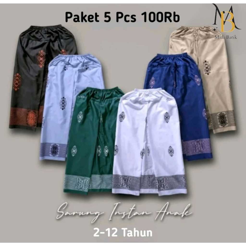 100 พันได้ 5 ชิ้นผ้าซิ่นสําเร็จรูปสําหรับเด็กผู้ชายอายุ 2-13 ปี มุสลิมที่สะดวกสบายสําหรับวัยรุ่น - เอวยางยืด ลาย Sarwon Motif ไซส์ M-XXL