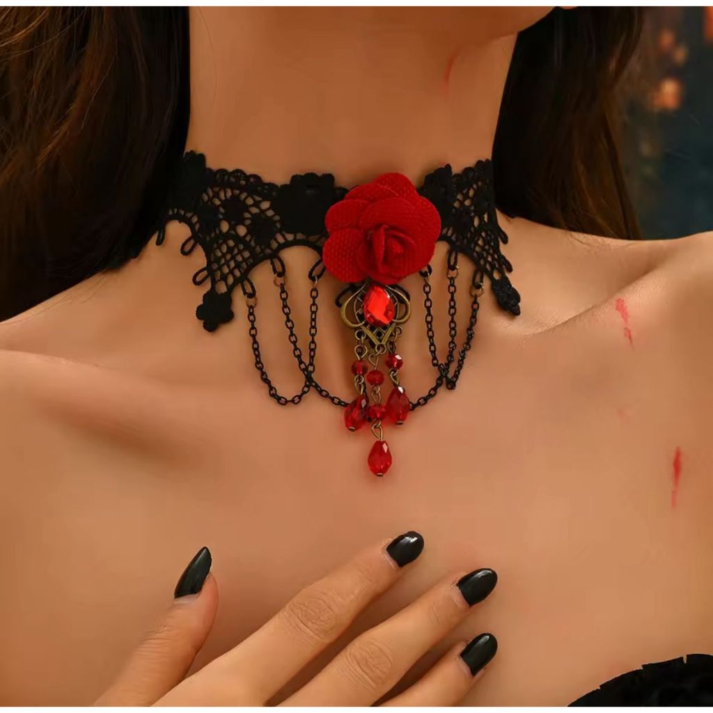 RCS - สร้อยคอโชคเกอร์ฮาโลวีนแบบกอธิคสีดําพู่สร้อยคอคอสเพลย์คริสต์มาส