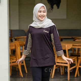 COTTEND Oversized Striped Stylish Baju Kaos Atasan Wanita Lengan 7/8 Sablon Garis Bahan Katun Combed Tebal Nyaman Dipakai