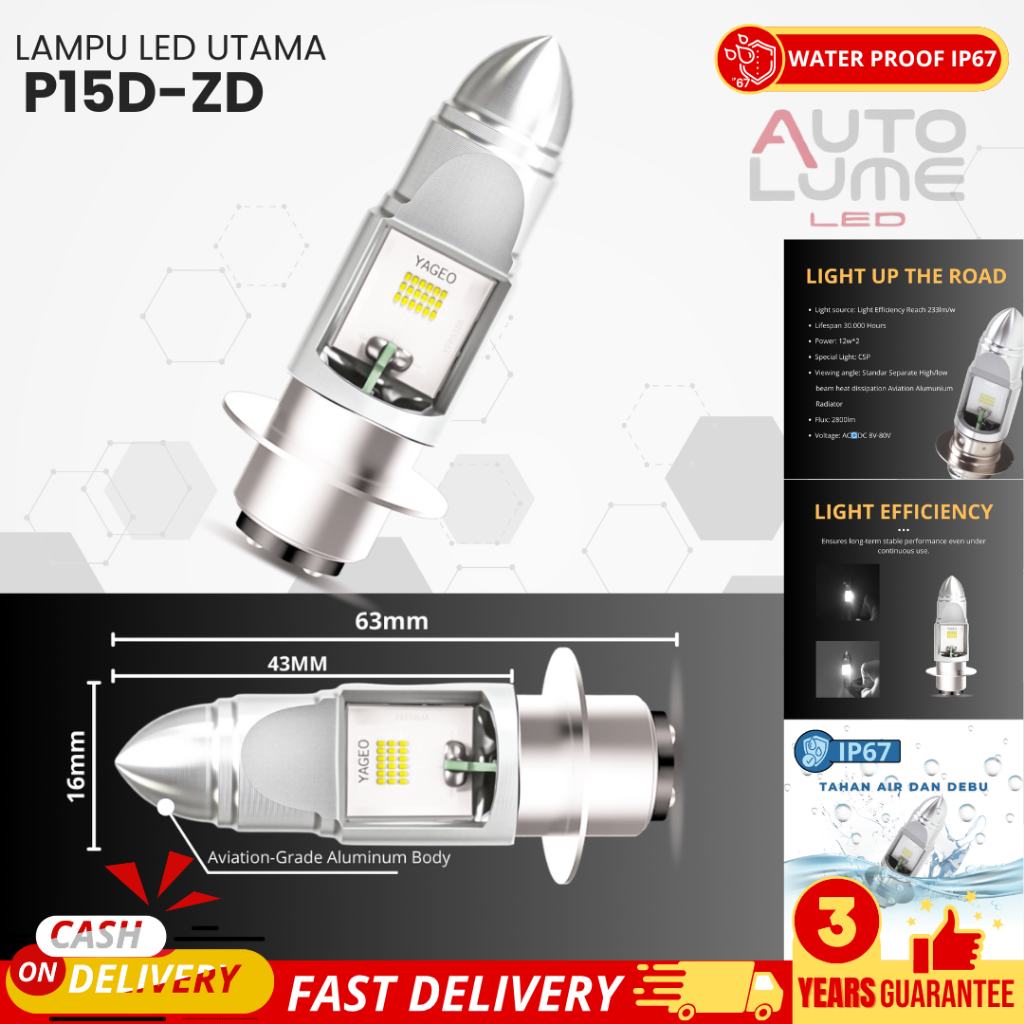 ไฟ LED มอเตอร์ไซค์ Autolume CSP P15D-ZD – 2800LM Super Bright, แรงดันไฟฟ้ากว้าง 8V-80V Universal, ทน