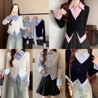 DEER FASHION -  YUKI Top Kemeja Kombinasi Kantoran Kasual / Kemeja Garis Lengan Panjang Longsleeve Korean Style