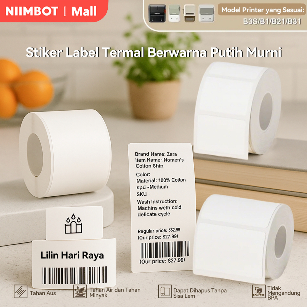 NIIMBOT B1/B21/B21PRO/B31/K3 Wide White Thermal Label Sticker Paper Clothes Food Commodity Price