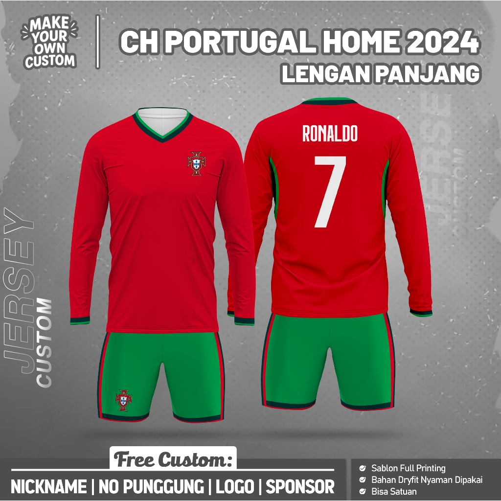 CH PORTUGAL HOME 2024 LONG FOOTBALL JERSEY ฟรีที่กําหนดเองชื่อและด้านหลังหมายเลขการพิมพ์เต็มรูปแบบ