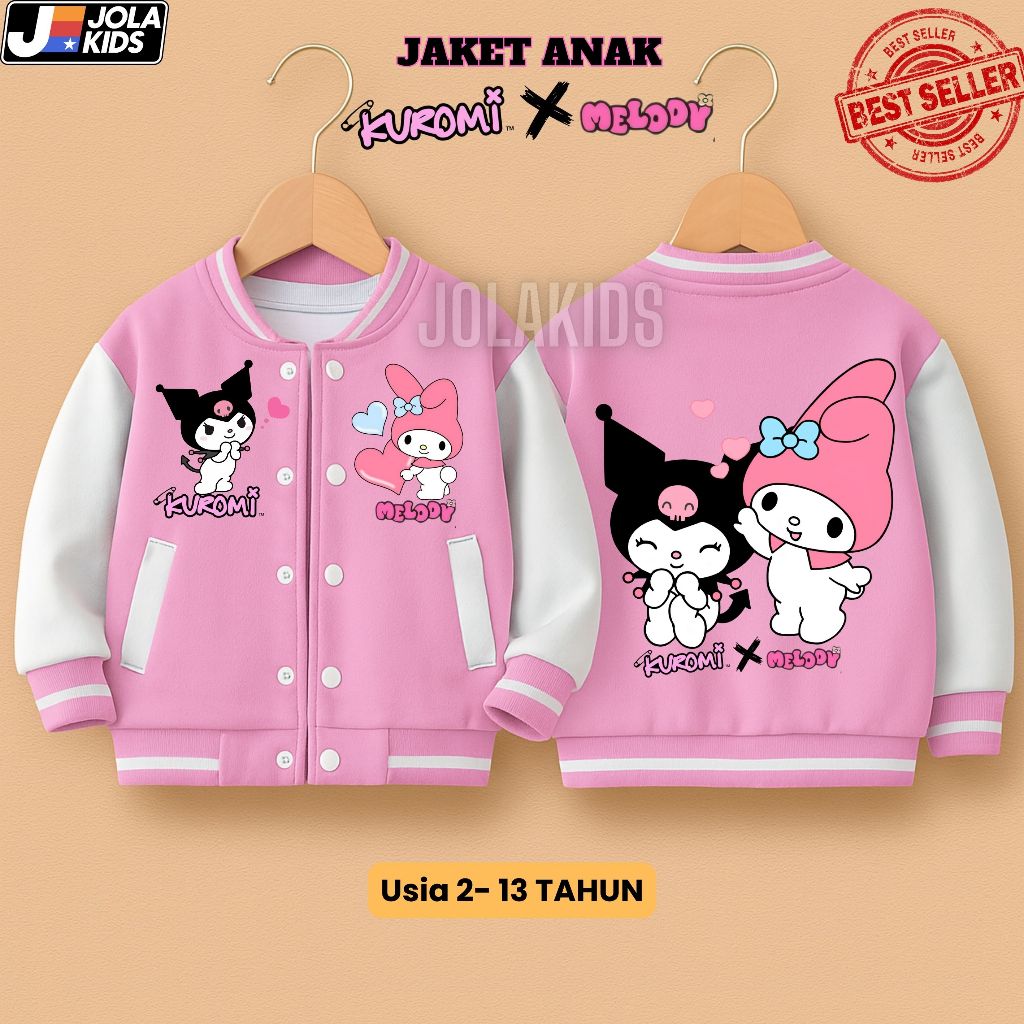 JOLAKIDS Kuromi x Melody เสื้อแจ็คเก็ตเบสบอลและซิปสําหรับเด็กหญิงและเด็กชายอายุ 2 – 12 ปี